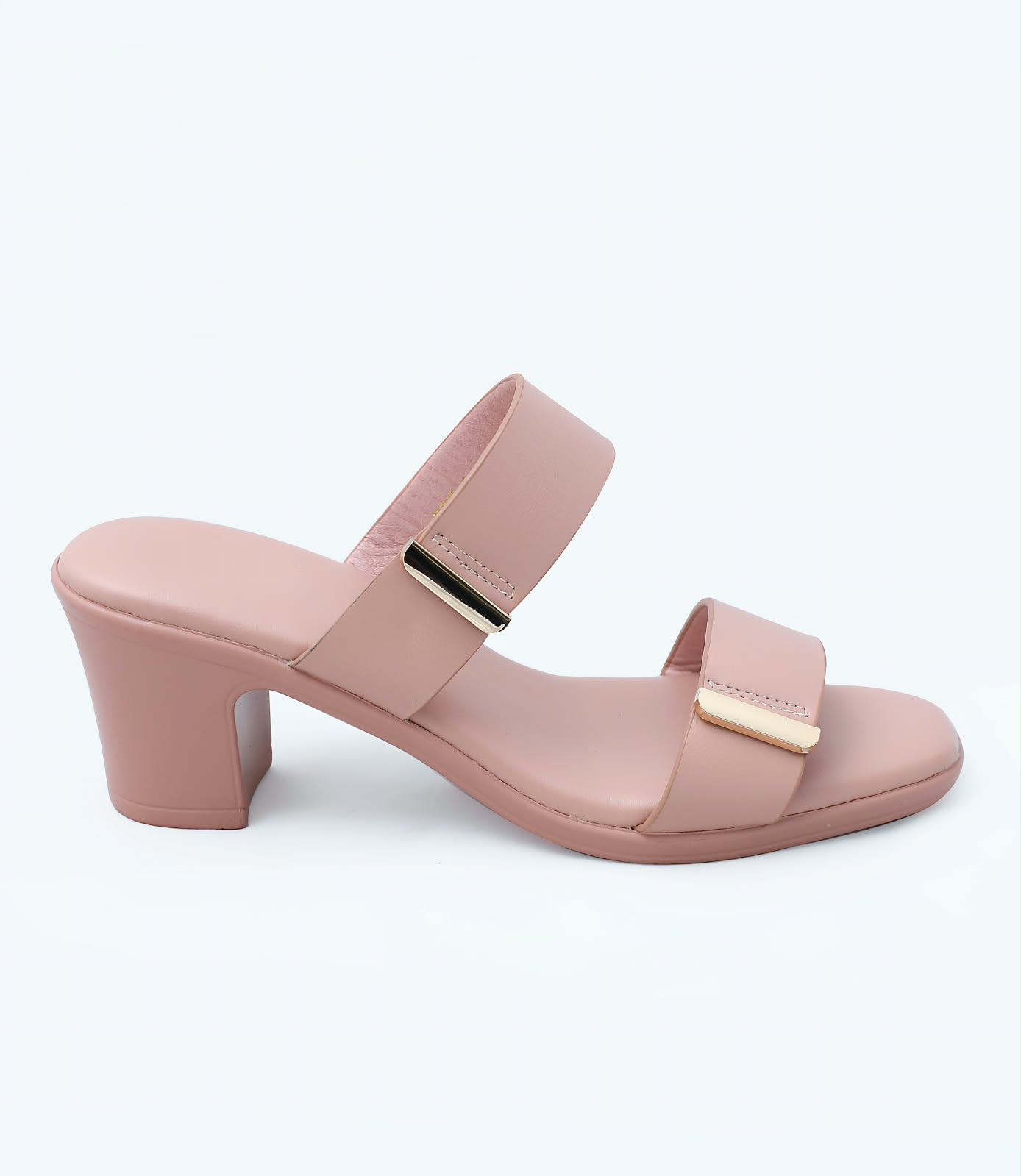 Ladies Plain Double Strap Block Heels (Nude Pink) - Image 3