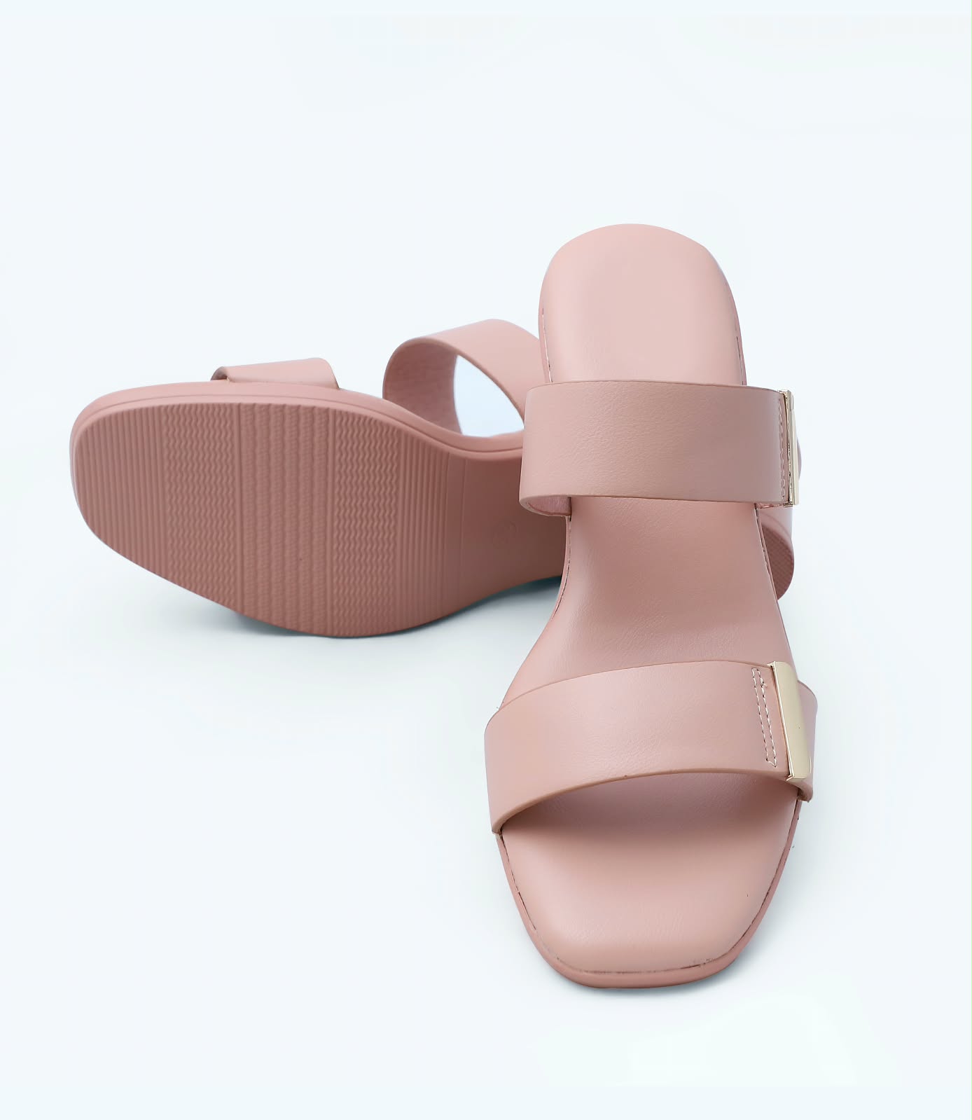 Ladies Plain Double Strap Block Heels (Nude Pink) - Image 2
